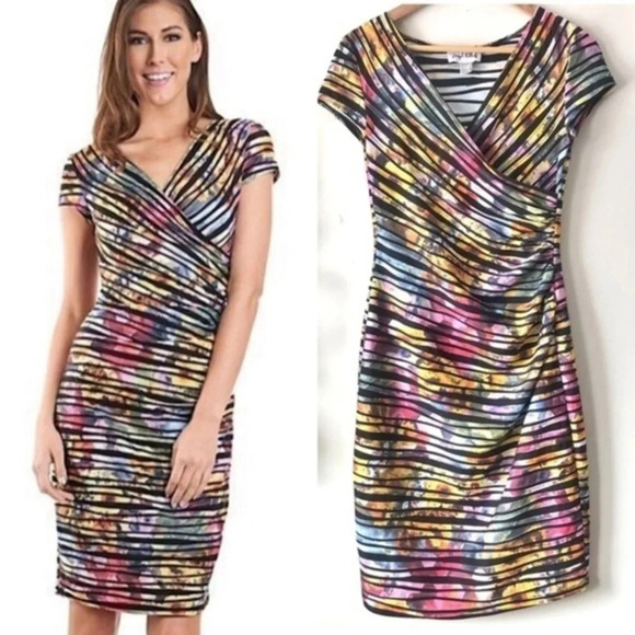 JOSEPH RIBKOFF 12 rainbow stripe wrap look stretch midi dress $259 - Picture 3 of 10